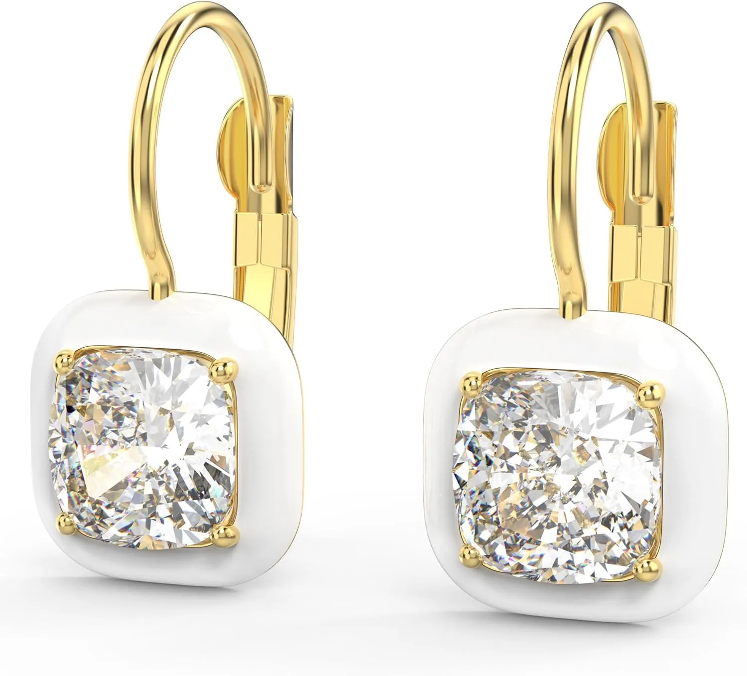 18K White Gold Plated Cushion Cut Cubic Zirconia Leverback Earrings Sterling Silver Square Enamel Colorful Dangle Drop Hoop Earrings for Women Hypoallergenic Jewelry