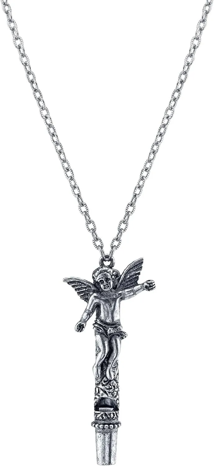 1928 Jewelry Antiqued Pewter Angel Whistle Pendant Necklace For Women 30 Inches