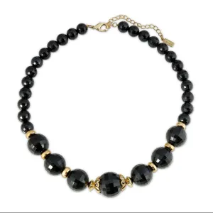 1928 Jewelry Round Black Faceted Beaded Stranded Necklace 16"   3" Extender