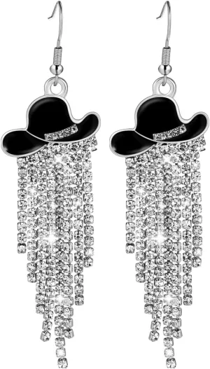 1Pair Western Cowgirl Earrings - Women's Tassel Drop Hoops, Vintage Rhinestone Dangle Earrings, Stylish Elegant Cowboy Hat Jewelry for Country Concerts, Festivals, Daily