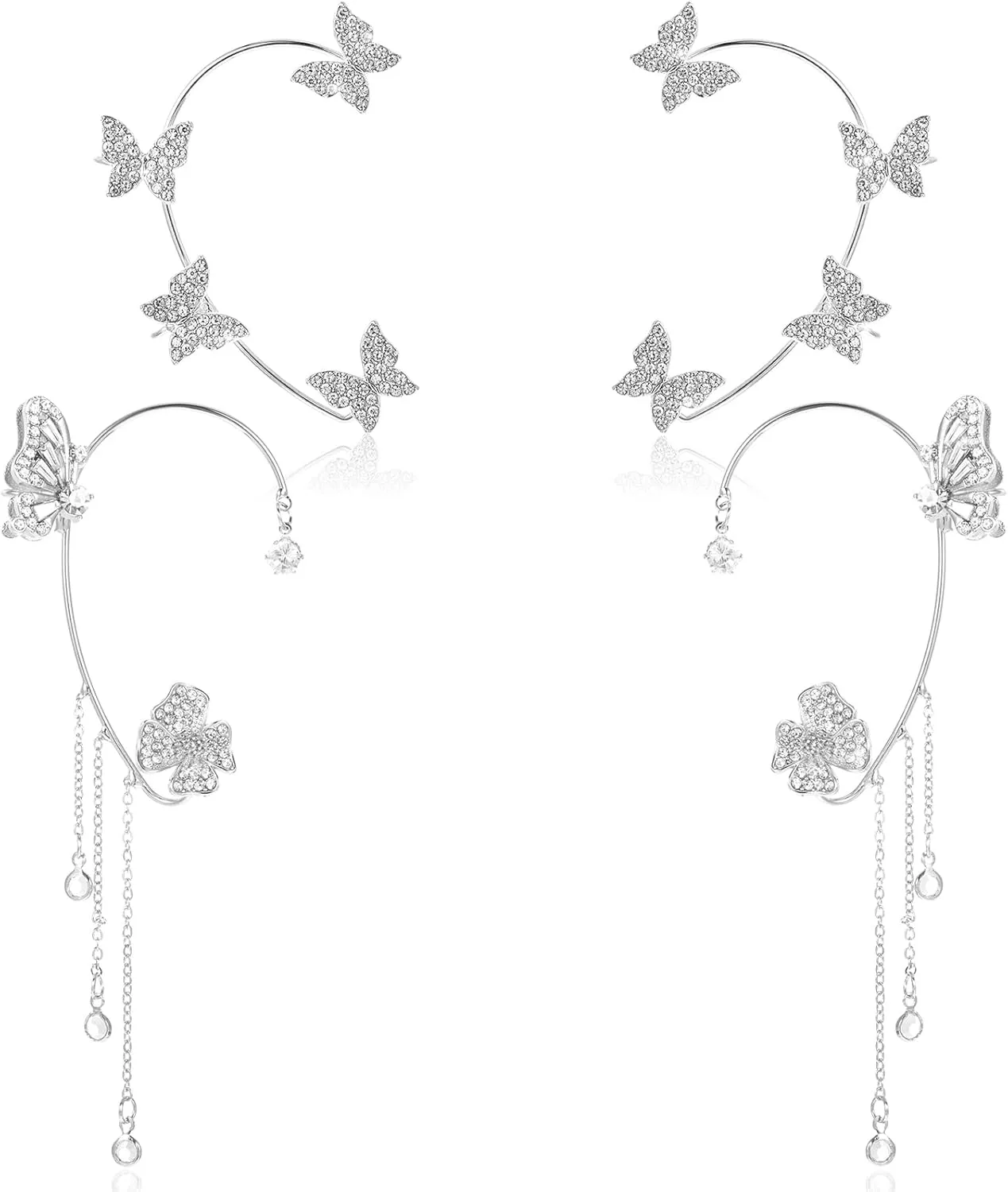 2 Pair Silver Butterfly Ear Cuffs and Wraps for Women, Butterfly Earrings for women, Non-Piercing Zircon Earrings, Stylish Ear Clips for Weddings, Parties, Special Occasions