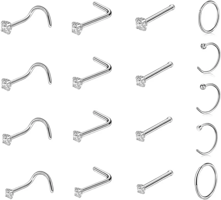 20G Nose Rings Hoop L Shape Stainless Steel Silver Nose Rings with CZ Studs Screw Shape Nose Piercing Hoop Body Jewelry 16/20/28pcs