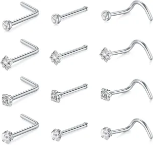 20G Nose Rings Hoops Studs, Stainless Steel Round CZ L Shaped Nose Screw Straight Studs, Hypoallergenic Diamond Double Nose Hoops, Clear Nose Rings For Women Men Nostril Piercing Jewelry