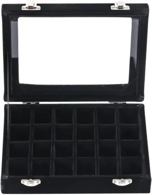 24 Grid Velvet Glass Jewelry Box Organizer Rings Earrings Tray Display Storage Case for Women Girls (Black)