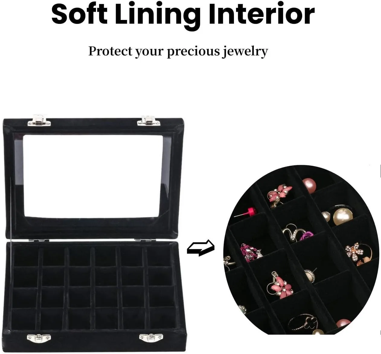 24 Grid Velvet Glass Jewelry Box Organizer Rings Earrings Tray Display Storage Case for Women Girls (Black)