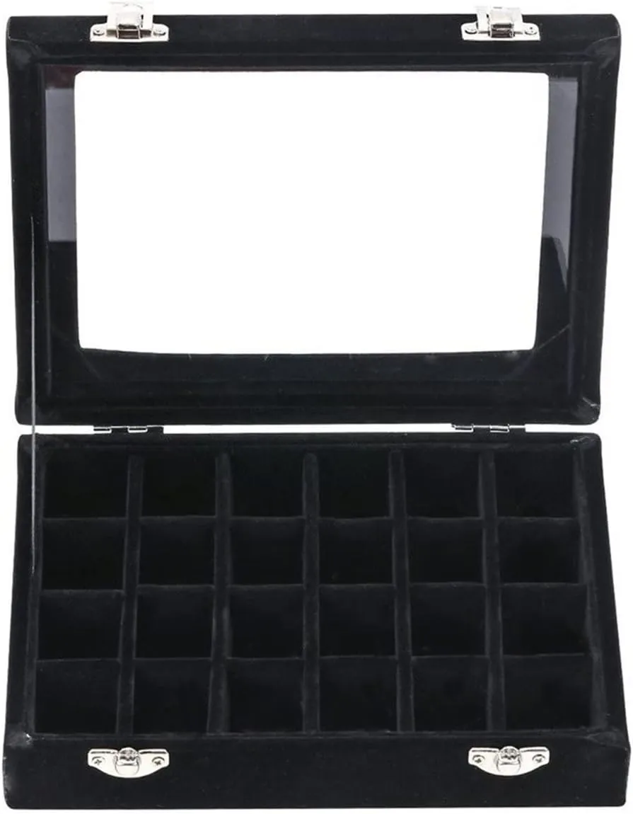 24 Grid Velvet Glass Jewelry Box Organizer Rings Earrings Tray Display Storage Case for Women Girls (Black)