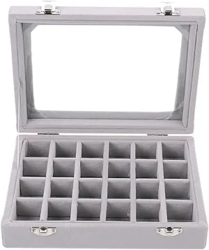 24 Grid Velvet Glass Jewelry Box Organizer Rings Earrings Tray Display Storage Case for Women Girls (Grey)