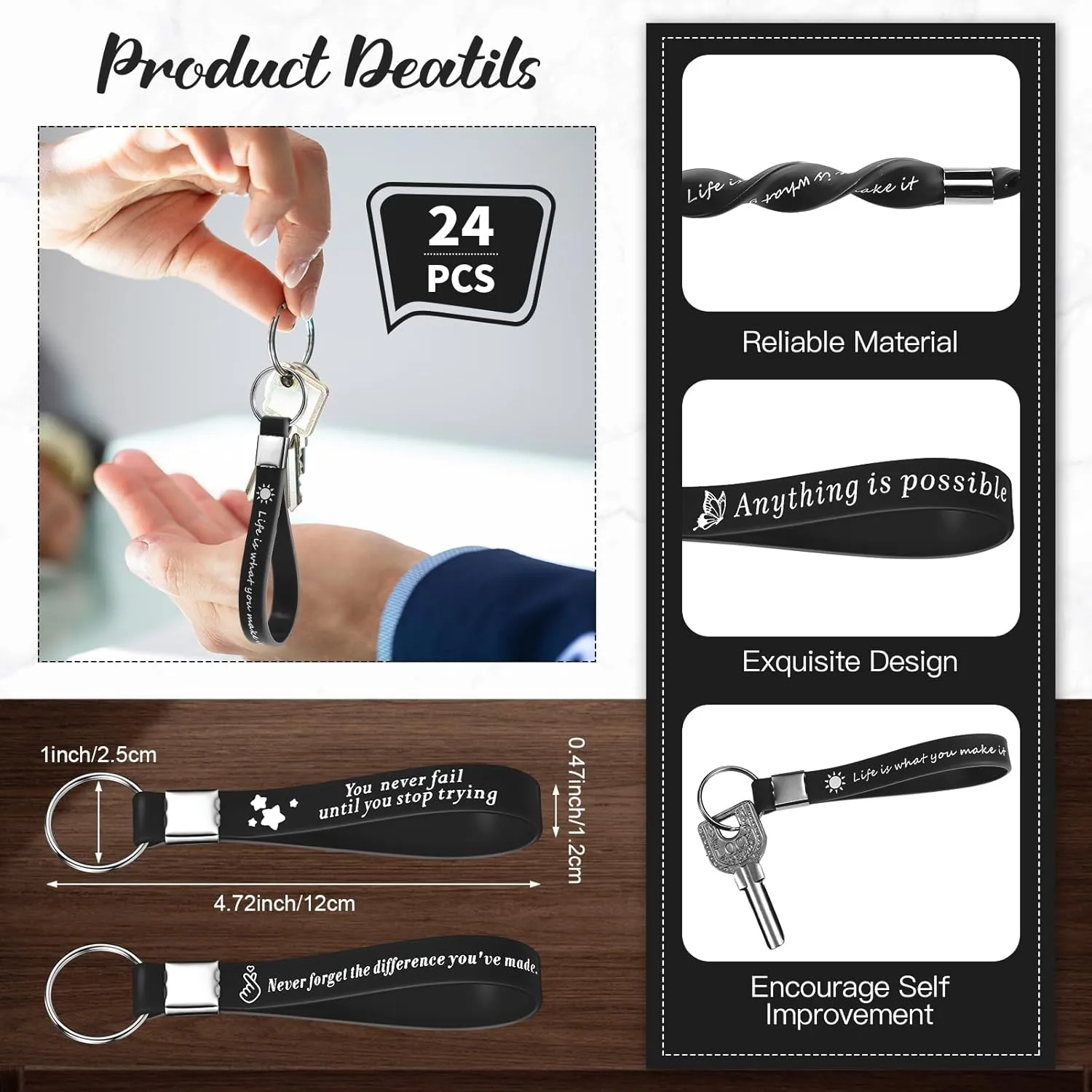 24 Pcs Inspirational Keychains Bulk Silicone Motivational Key Chains Appreciation Thank You Gifts for Teacher Staff