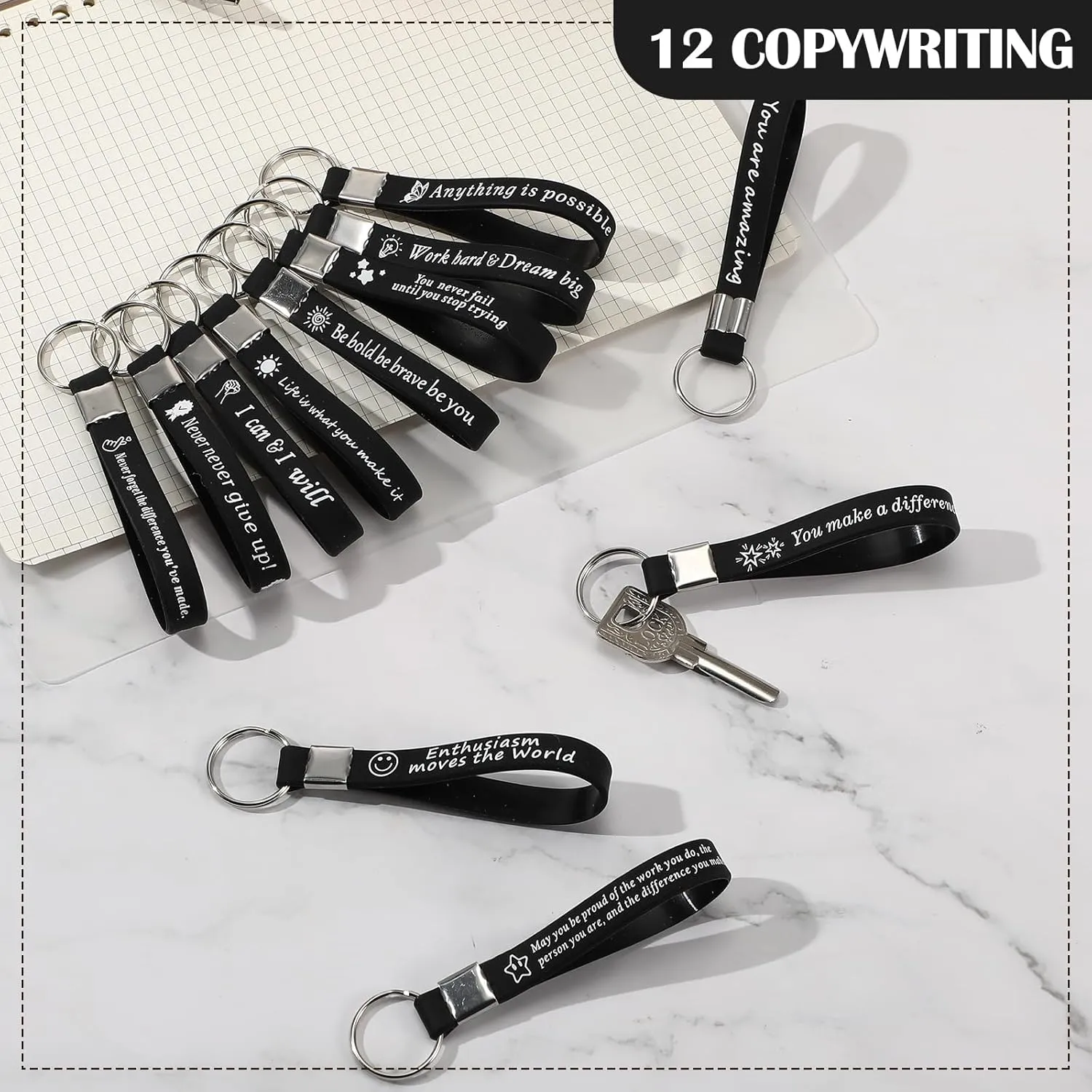24 Pcs Inspirational Keychains Bulk Silicone Motivational Key Chains Appreciation Thank You Gifts for Teacher Staff