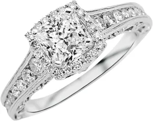 2.75 Carat 14K White Gold Vintage Halo Style Channel Set Round Brilliant Diamond Engagement Ring Milgrain with a 2 Carat Moissanite Center