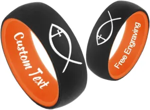 2Pcs Christian Jesus Fish Cross Silicone Rings Two-Tone Silicone Ring Engagement Rubber Rings Bible Verse Quote Faith Inspirational Custom Engraved Marriage Rings,Size 6-14