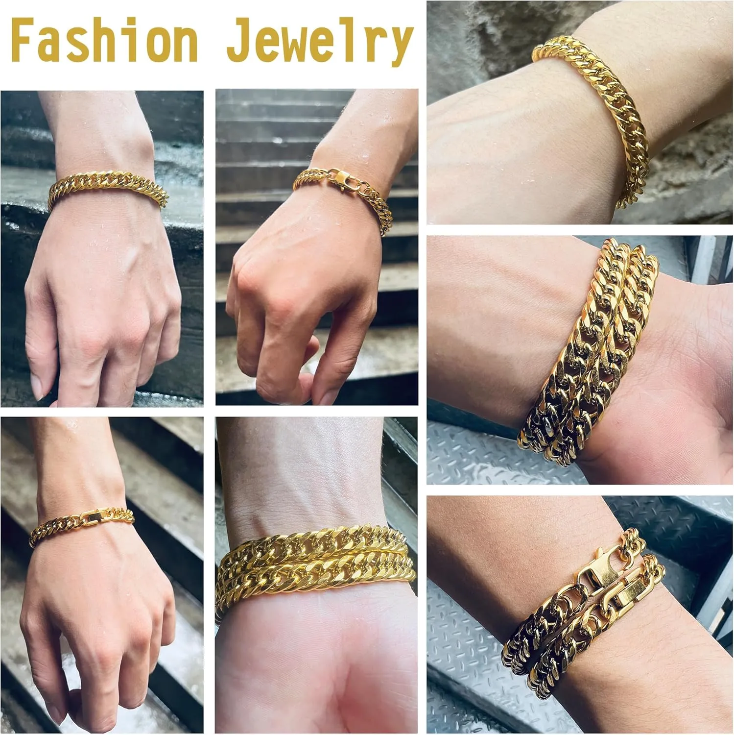 2PCS Cuban Link Bracelet, Silver Gold Black Sturdy 316L Stainless Steel Cuban Link Chain for Men Jewelry Set with Gift Message Card 8mm, 7/8/9 Inches