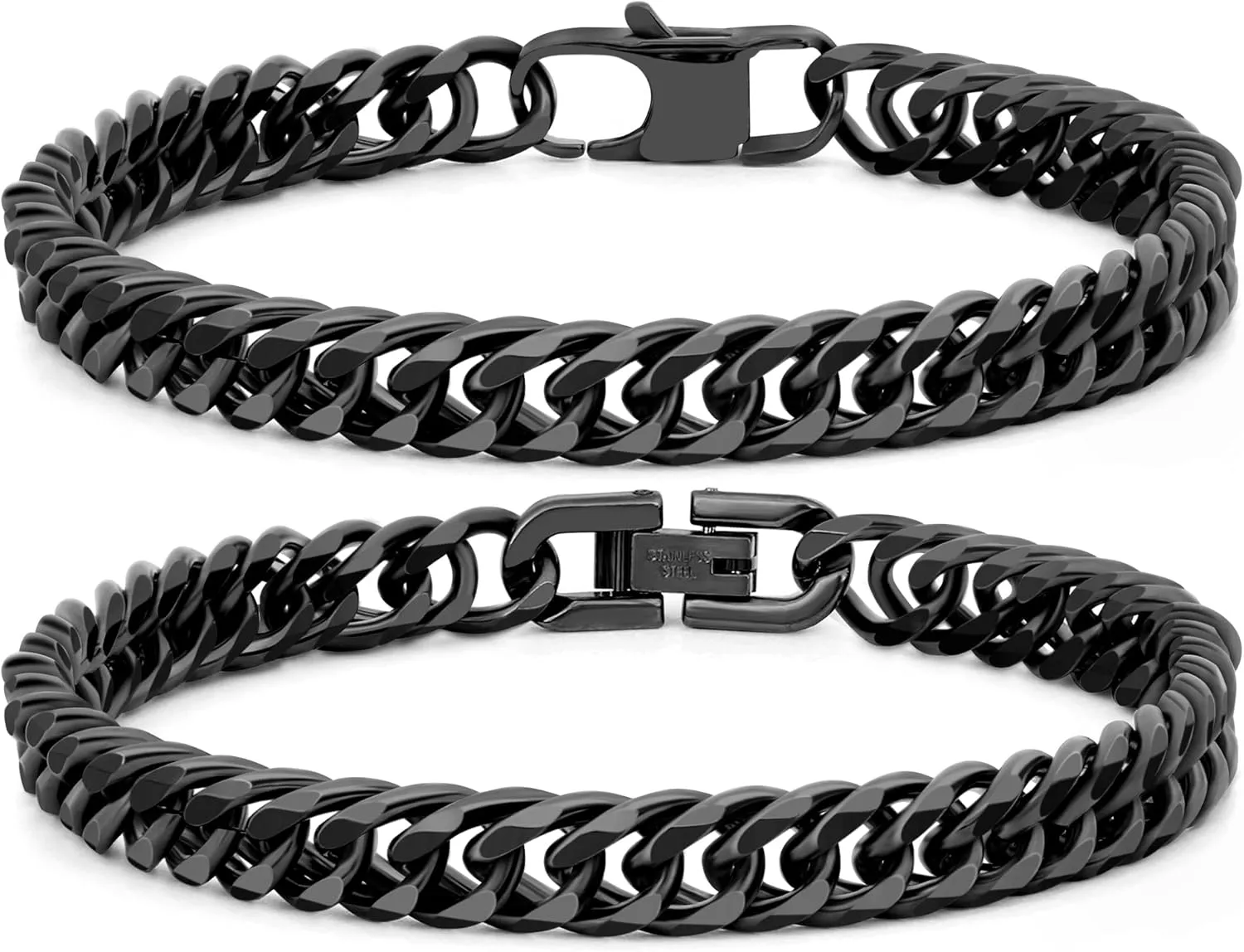 2PCS Cuban Link Bracelet, Silver Gold Black Sturdy 316L Stainless Steel Cuban Link Chain for Men Jewelry Set with Gift Message Card 8mm, 7/8/9 Inches