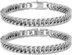 2PCS Cuban Link Bracelet, Silver Gold Black Sturdy 316L Stainless Steel Cuban Link Chain for Men Jewelry Set with Gift Message Card 8mm, 7/8/9 Inches