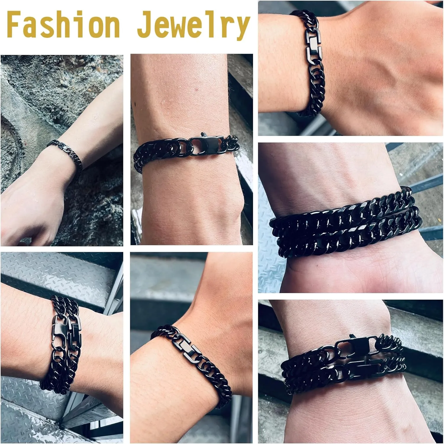 2PCS Cuban Link Bracelet, Silver Gold Black Sturdy 316L Stainless Steel Cuban Link Chain for Men Jewelry Set with Gift Message Card 8mm, 7/8/9 Inches