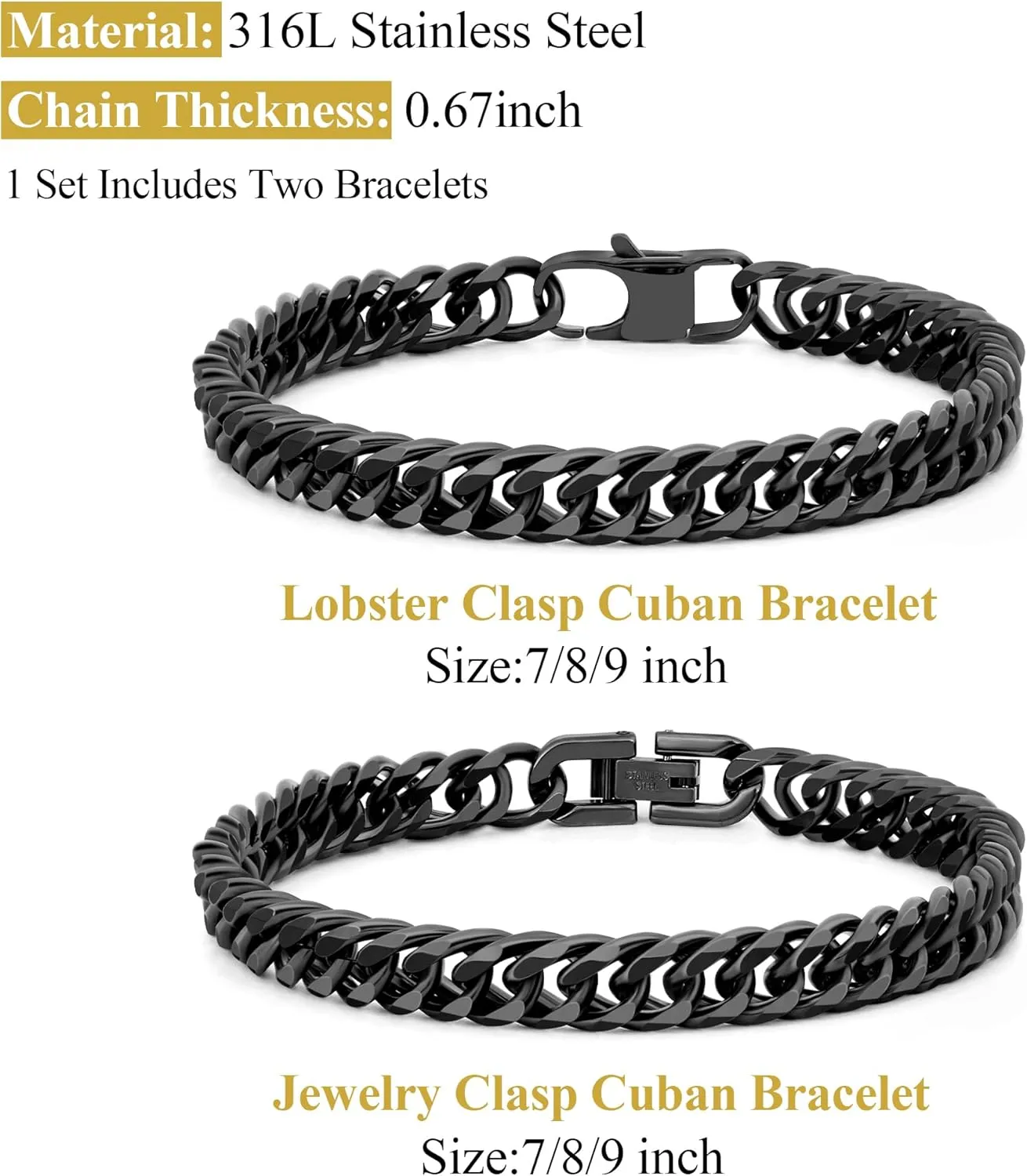 2PCS Cuban Link Bracelet, Silver Gold Black Sturdy 316L Stainless Steel Cuban Link Chain for Men Jewelry Set with Gift Message Card 8mm, 7/8/9 Inches