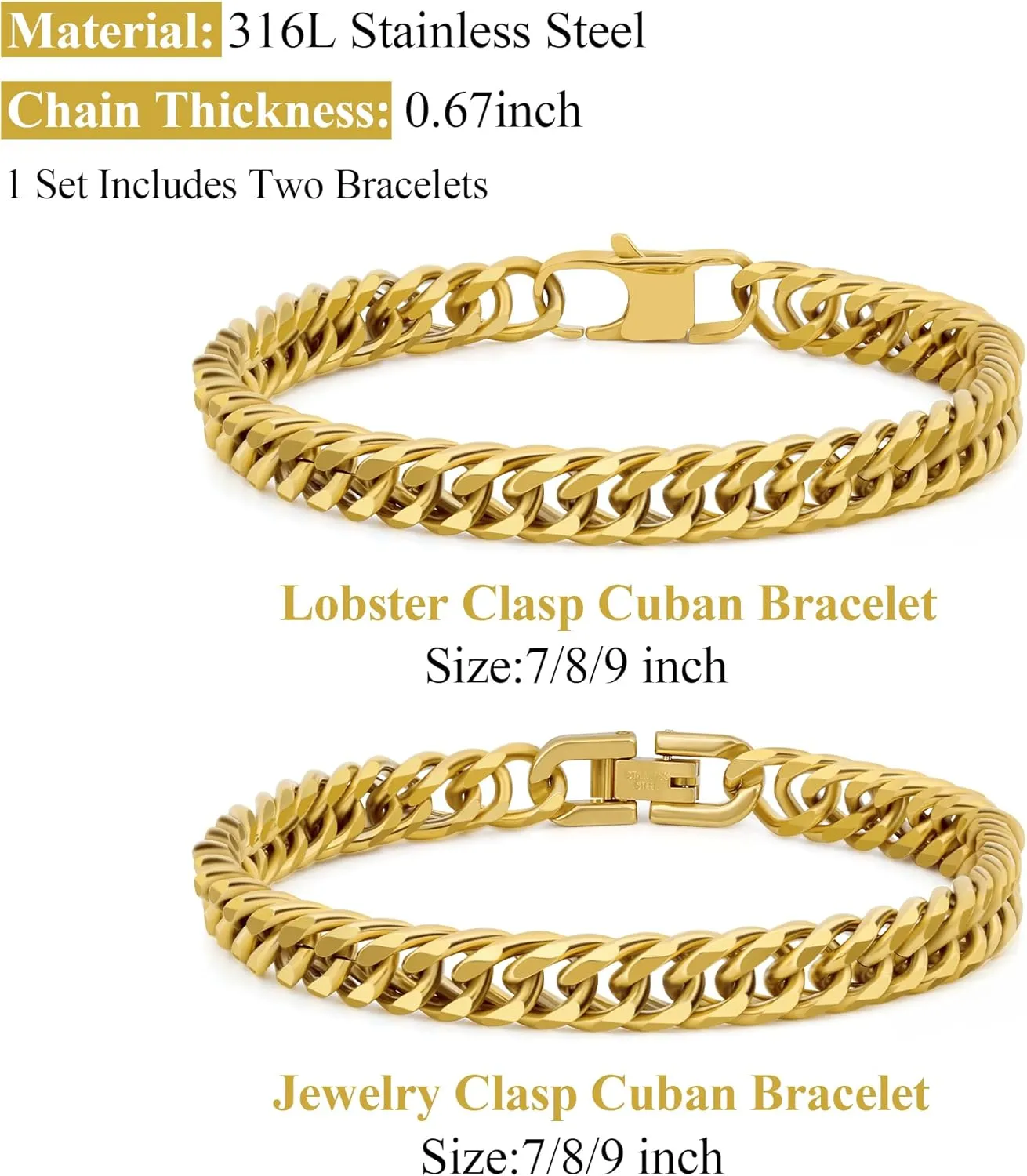 2PCS Cuban Link Bracelet, Silver Gold Black Sturdy 316L Stainless Steel Cuban Link Chain for Men Jewelry Set with Gift Message Card 8mm, 7/8/9 Inches