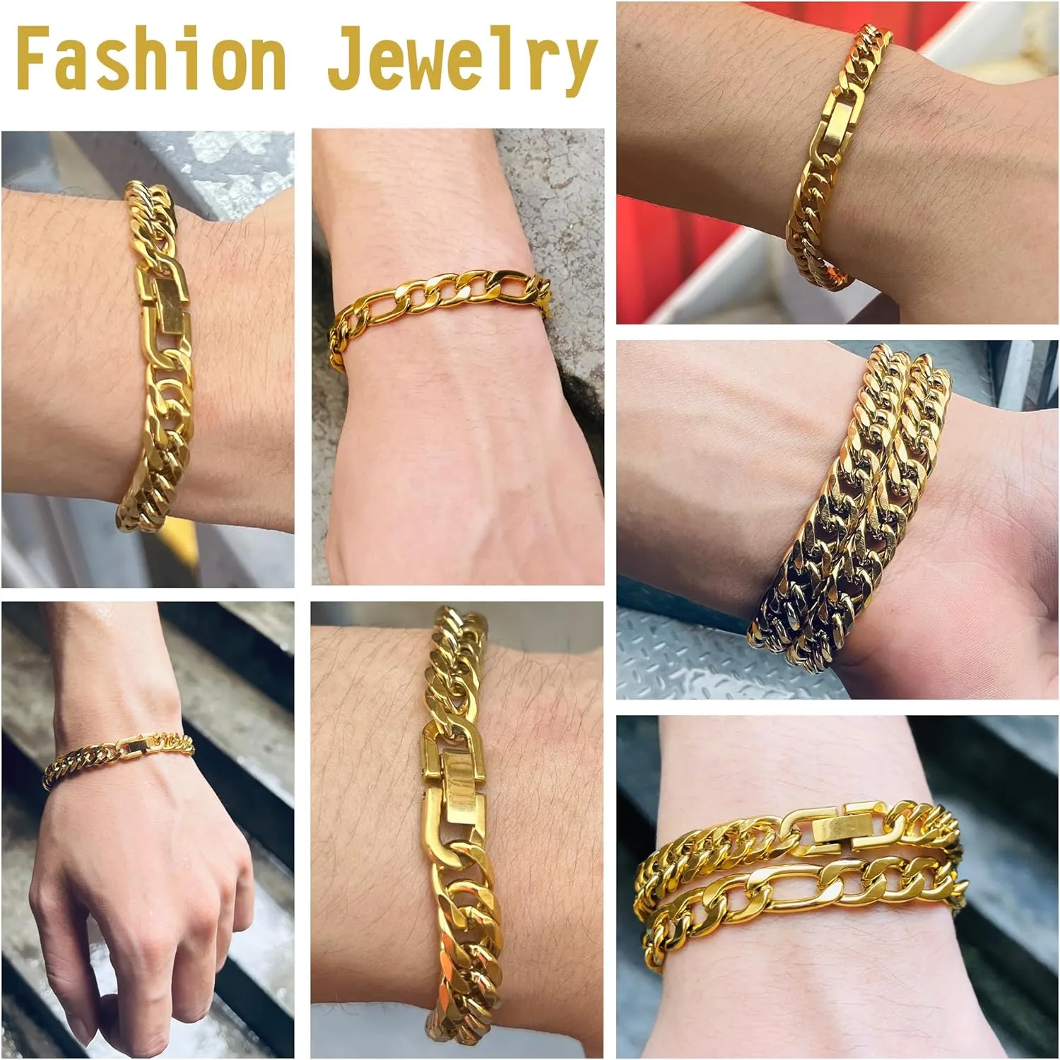 2PCS Cuban Link Figaro Bracelet, Silver Gold Black Sturdy 316L Stainless Steel Cuban Link Chain for Men Jewelry Set with Gift Message Card 8mm, 7/8/9 Inches