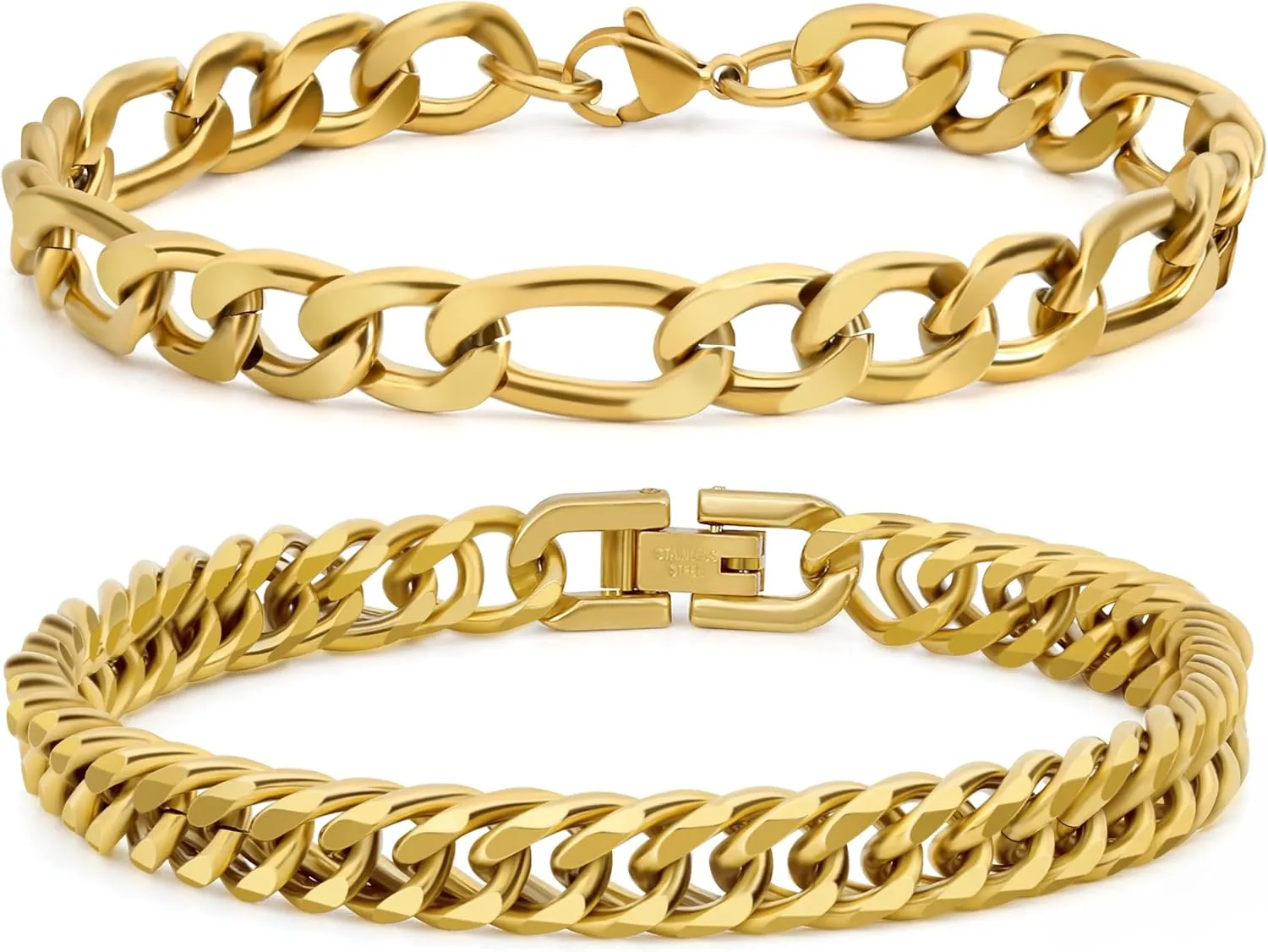 2PCS Cuban Link Figaro Bracelet, Silver Gold Black Sturdy 316L Stainless Steel Cuban Link Chain for Men Jewelry Set with Gift Message Card 8mm, 7/8/9 Inches