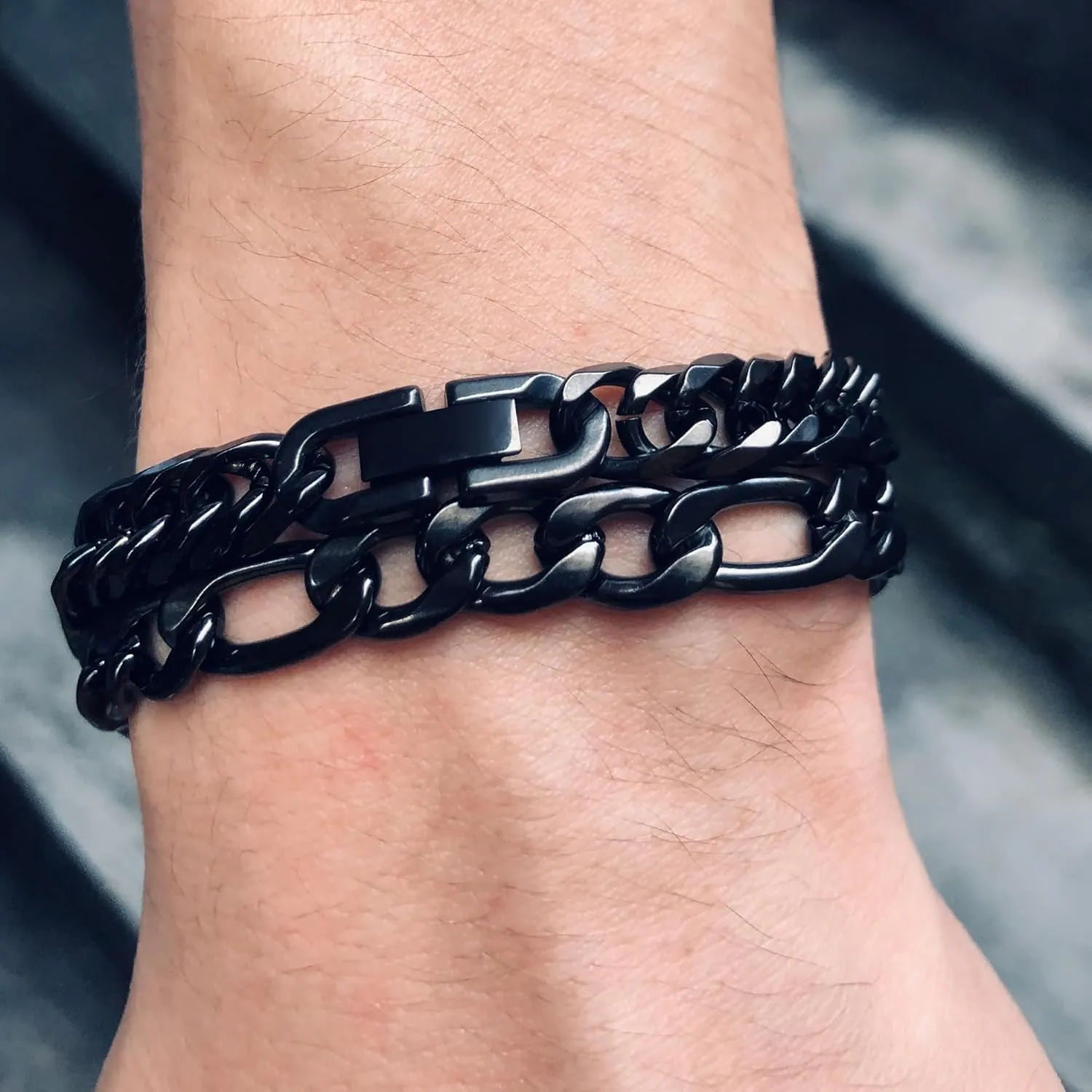 2PCS Cuban Link Figaro Bracelet, Silver Gold Black Sturdy 316L Stainless Steel Cuban Link Chain for Men Jewelry Set with Gift Message Card 8mm, 7/8/9 Inches