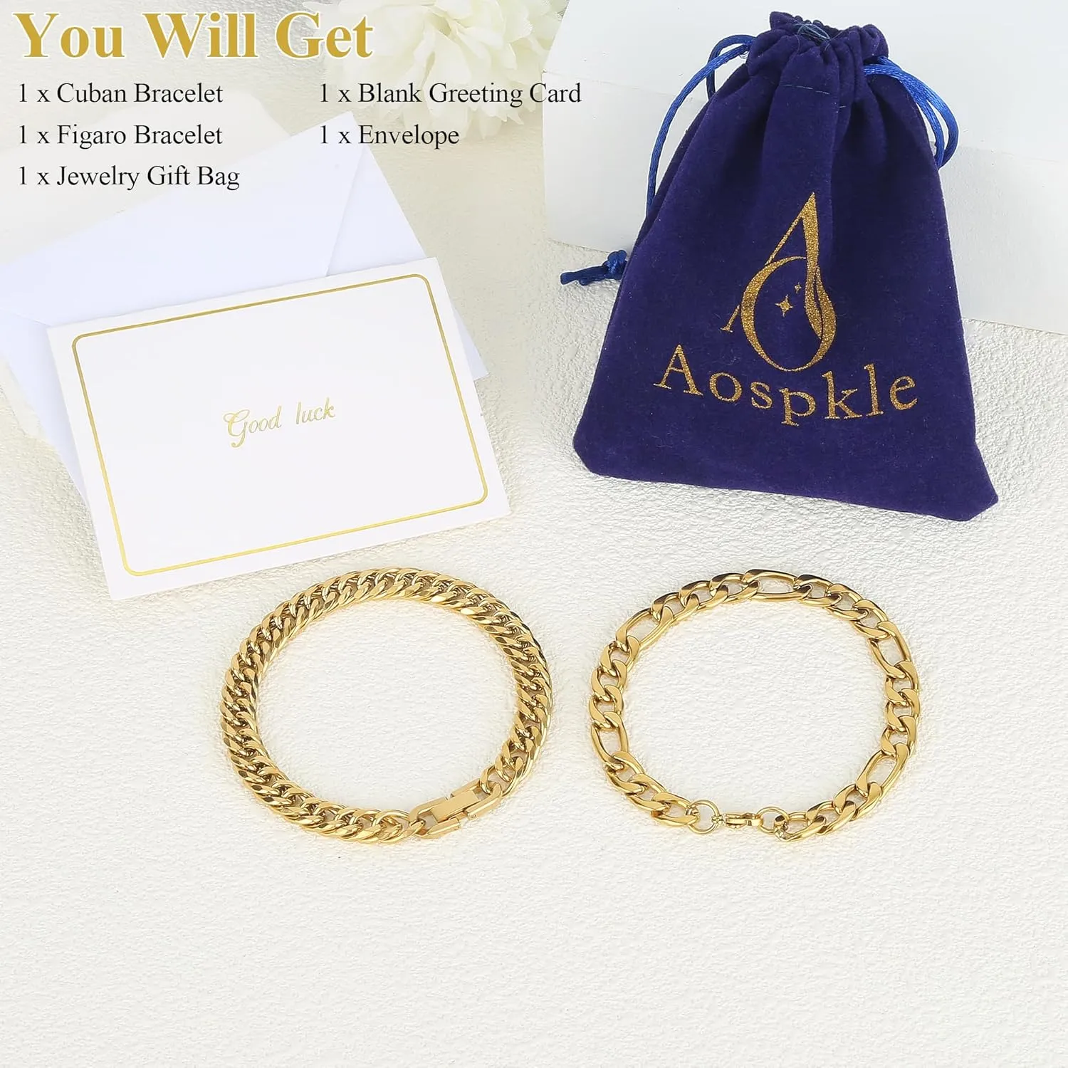 2PCS Cuban Link Figaro Bracelet, Silver Gold Black Sturdy 316L Stainless Steel Cuban Link Chain for Men Jewelry Set with Gift Message Card 8mm, 7/8/9 Inches