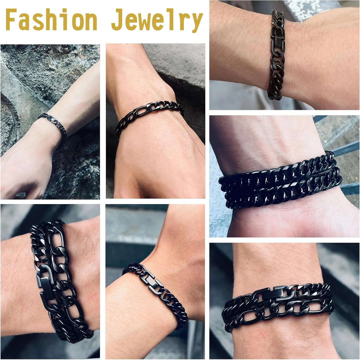 2PCS Cuban Link Figaro Bracelet, Silver Gold Black Sturdy 316L Stainless Steel Cuban Link Chain for Men Jewelry Set with Gift Message Card 8mm, 7/8/9 Inches