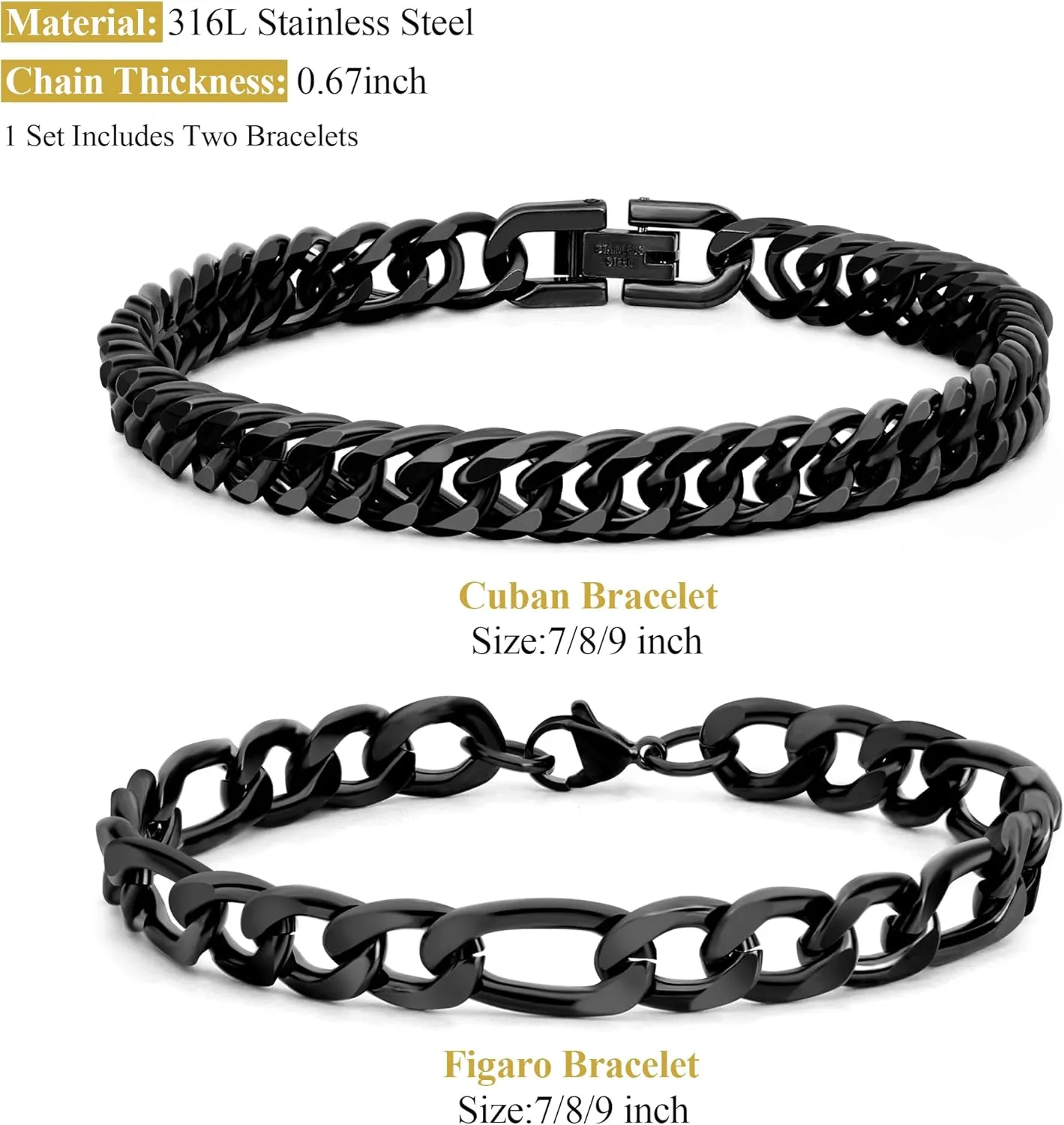 2PCS Cuban Link Figaro Bracelet, Silver Gold Black Sturdy 316L Stainless Steel Cuban Link Chain for Men Jewelry Set with Gift Message Card 8mm, 7/8/9 Inches