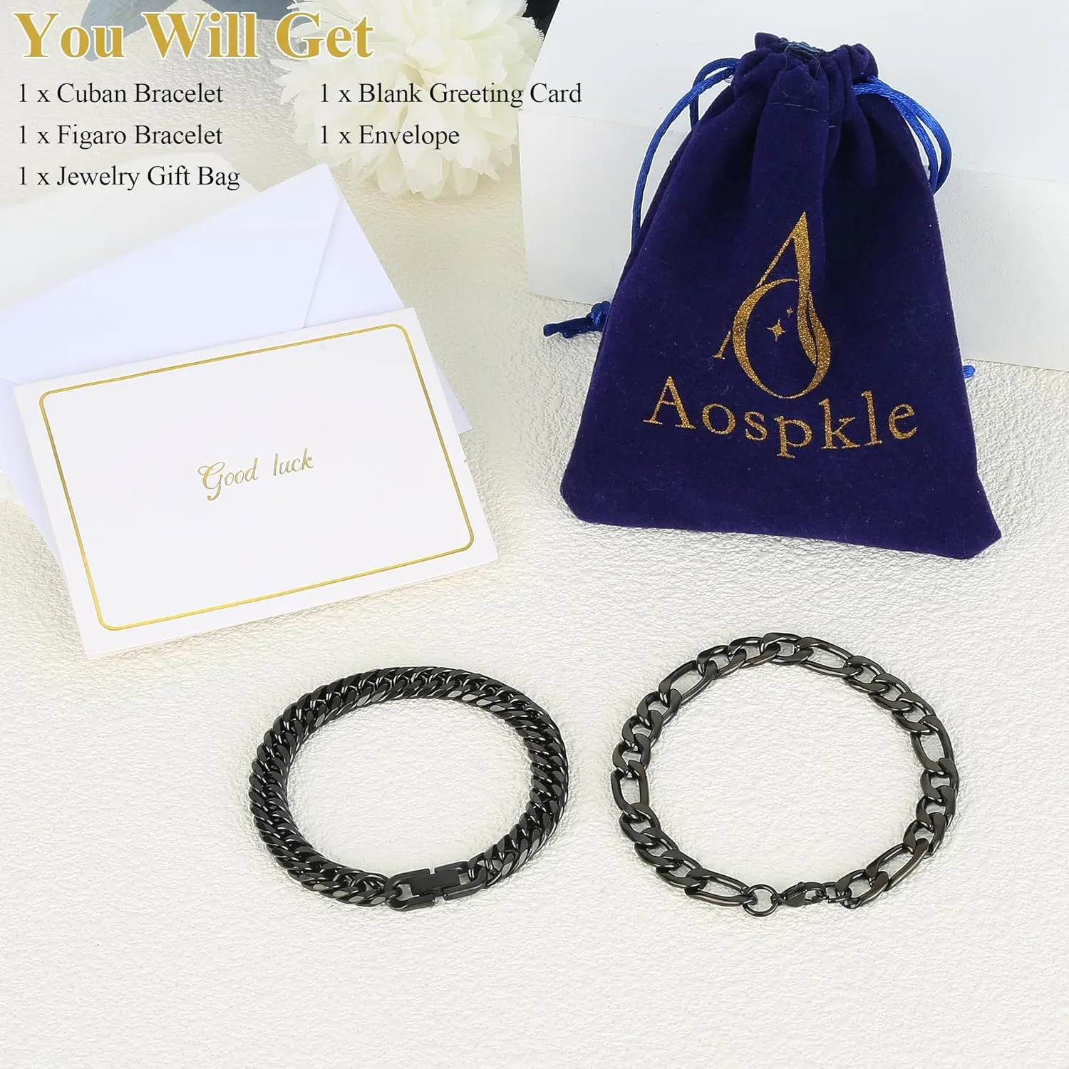 2PCS Cuban Link Figaro Bracelet, Silver Gold Black Sturdy 316L Stainless Steel Cuban Link Chain for Men Jewelry Set with Gift Message Card 8mm, 7/8/9 Inches