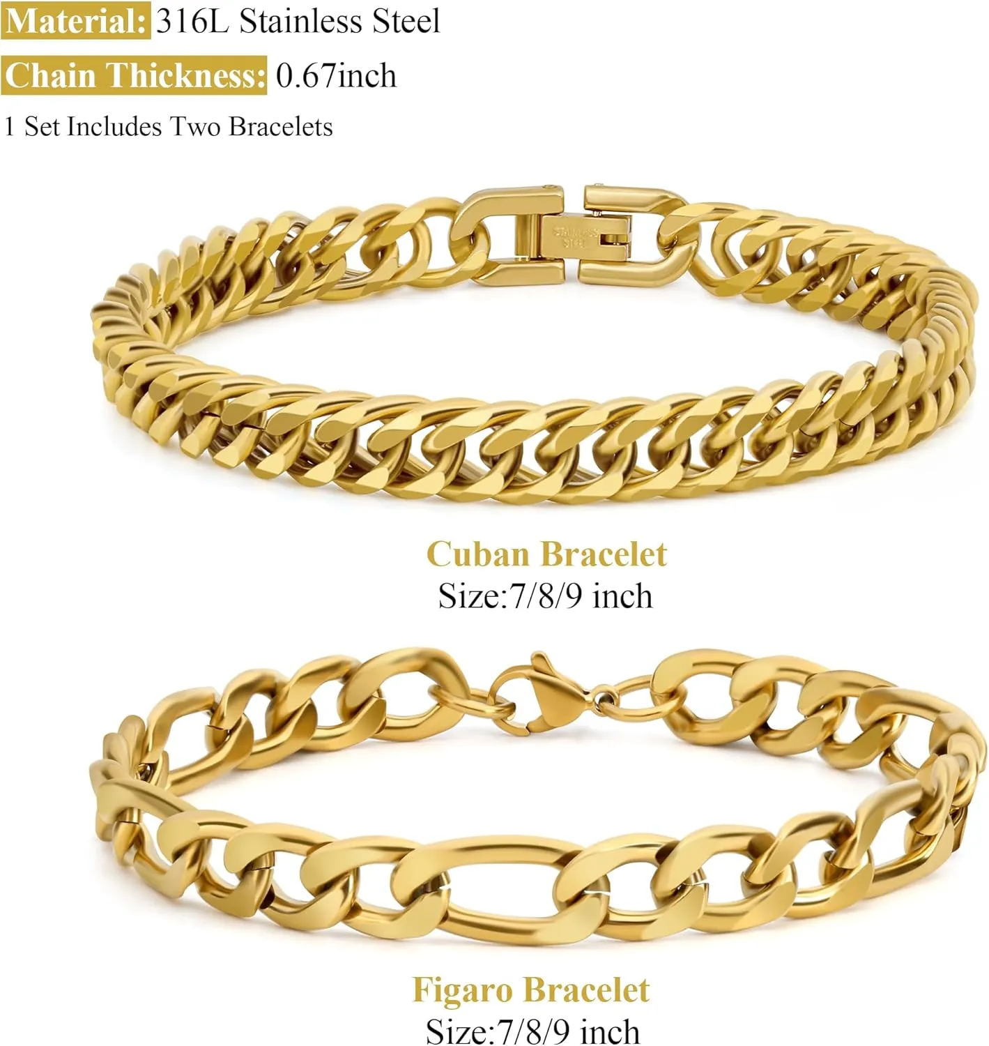 2PCS Cuban Link Figaro Bracelet, Silver Gold Black Sturdy 316L Stainless Steel Cuban Link Chain for Men Jewelry Set with Gift Message Card 8mm, 7/8/9 Inches