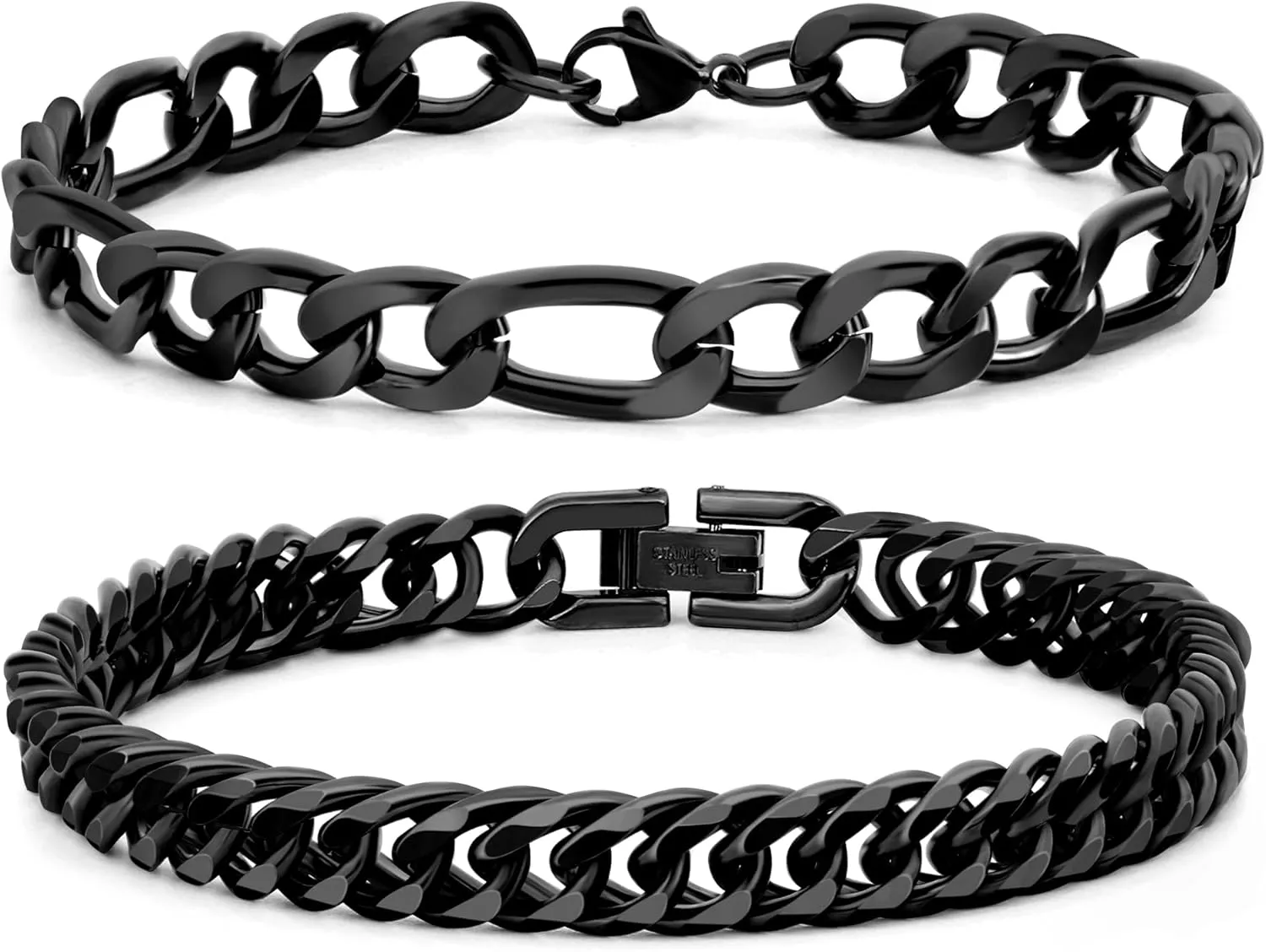 2PCS Cuban Link Figaro Bracelet, Silver Gold Black Sturdy 316L Stainless Steel Cuban Link Chain for Men Jewelry Set with Gift Message Card 8mm, 7/8/9 Inches