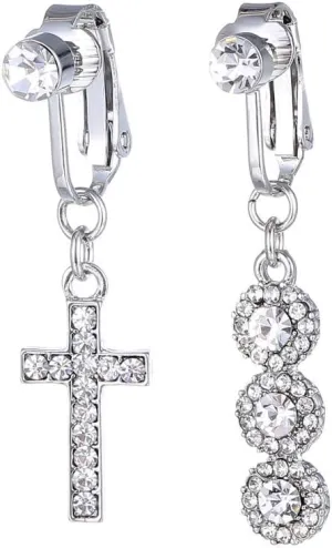 2Pcs CZ Cross Round Fake Belly Button Rings for Women Stainless Steel Non Piercing Belly Navel Rings Clip On Dangle Belly Barbell Fake Body Piercing Jewelry