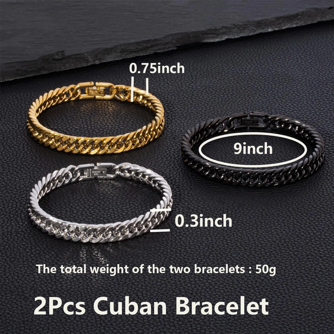 2Pcs Silver Gold Black Cuban Link Bracelet for Men Stainless Steel Cuban Link Chain Bracelet Set 7.5/8.3/9 Inches