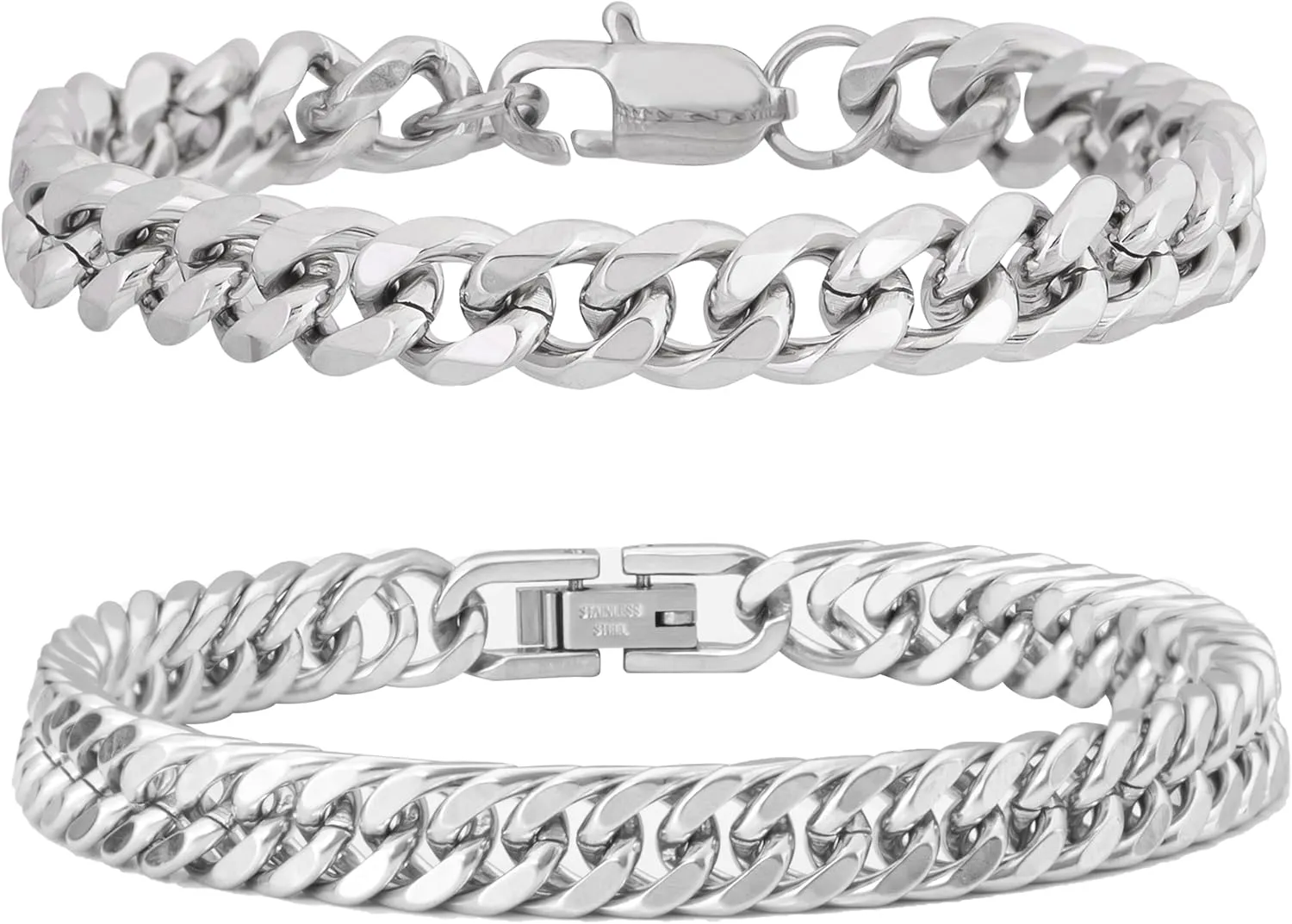 2Pcs Silver Gold Black Cuban Link Bracelet for Men Stainless Steel Cuban Link Chain Bracelet Set 7.5/8.3/9 Inches