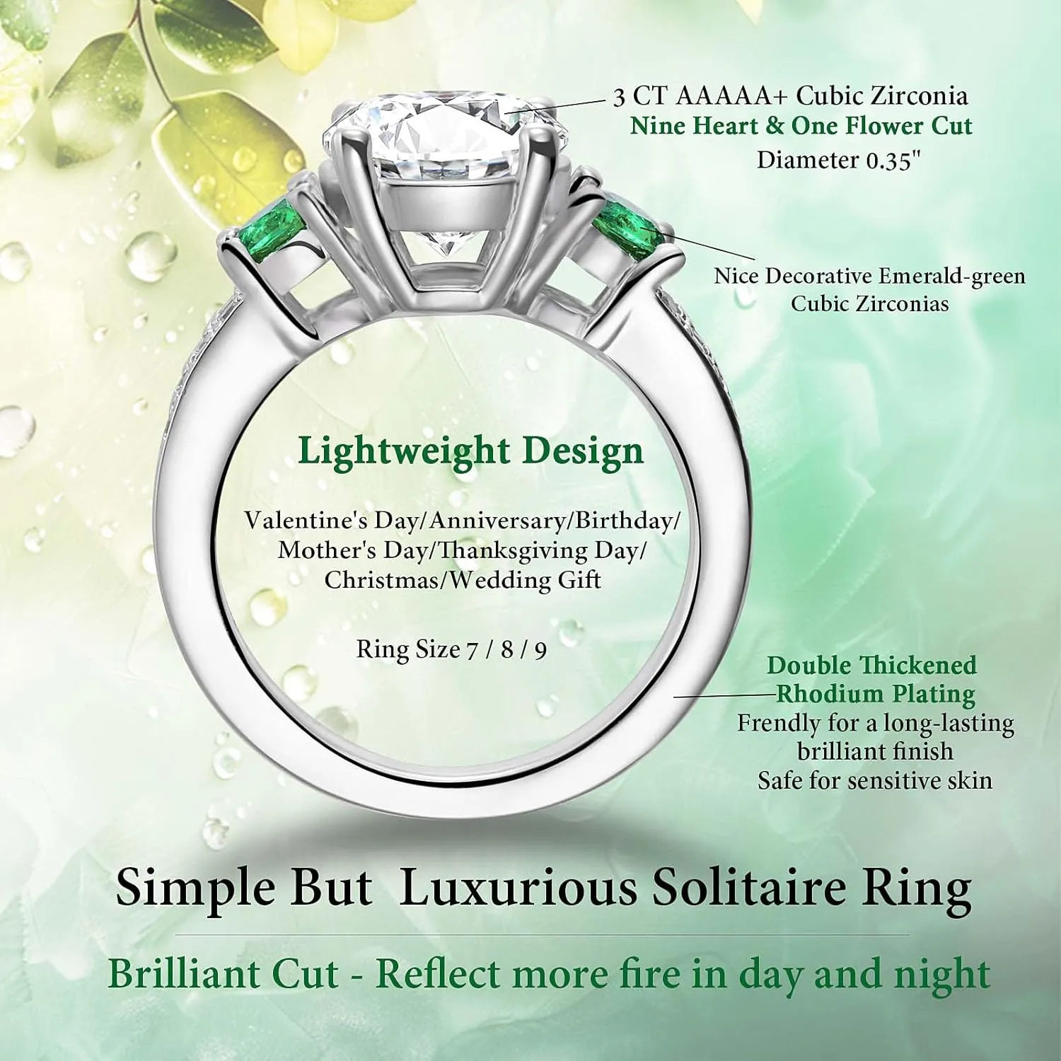 3 CT White Gold Plated Cubic Zirconia Engagement Rings for Women, Brillant Round Simulated Diamond Promise rings for her, Sparkly Solitaire CZ Wedding Bands, Birthday Christmas Gifts, Size 7-8-9