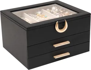 3-Layer Jewelry Box,2 Drawers Jewelry Organizer with Glass Lid,Jewelry Storage for Earrings Rings Necklaces and Bracelets,Jewelry Boxes for Women,black and Gold Color,Gifts for Her
