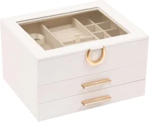 3-Layer Jewelry Box,2 Drawers Jewelry Organizer with Glass Lid,Jewelry Storage for Earrings Rings Necklaces and Bracelets,Jewelry Boxes for Women,White and Gold Color,Gifts for Her