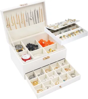 3 Layers Jewelry Box, White Jewelry Boxes for Women with Drawer, Jewelry Organizers and Storage for Earring, Ring, Necklace, Bracelets, Watch, Lockable Jewelery Organizer Lover Gifts for Women