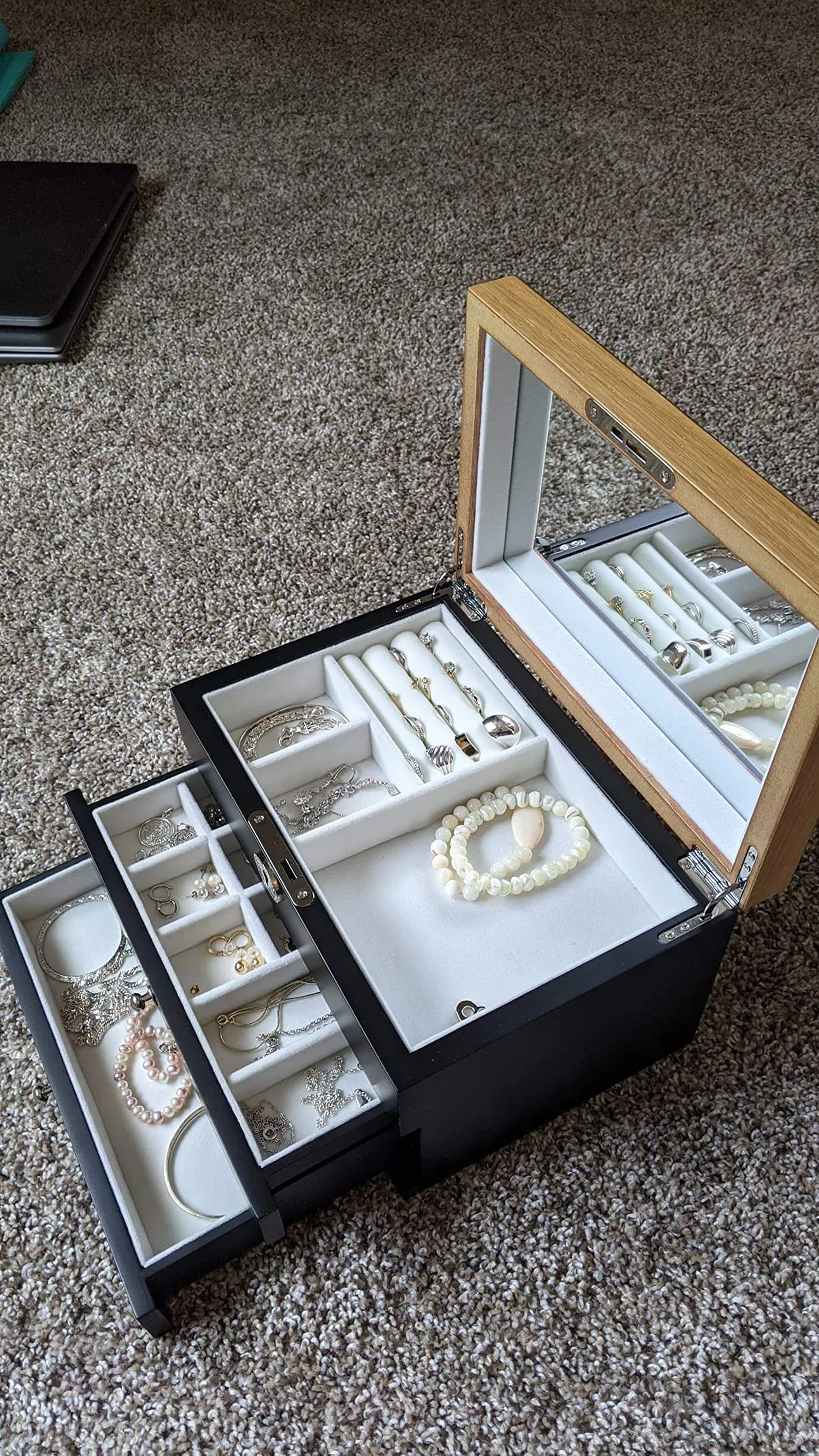 3-Tier Jewelry Box, Wooden Jewelry Organizer, Jewelry Storage with Drawers