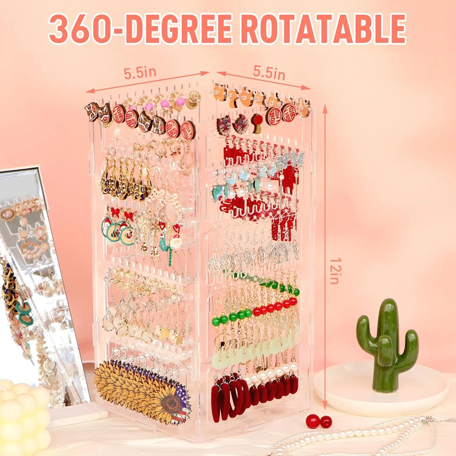 360 Rotating Earring Holder Organizer Stand,5 Tiers Acrylic Jewelry Organizers and Storage,Stud Earring Organizers and Storage,228 Holes and 232 Grooves for Earrings Necklaces chain bracelet