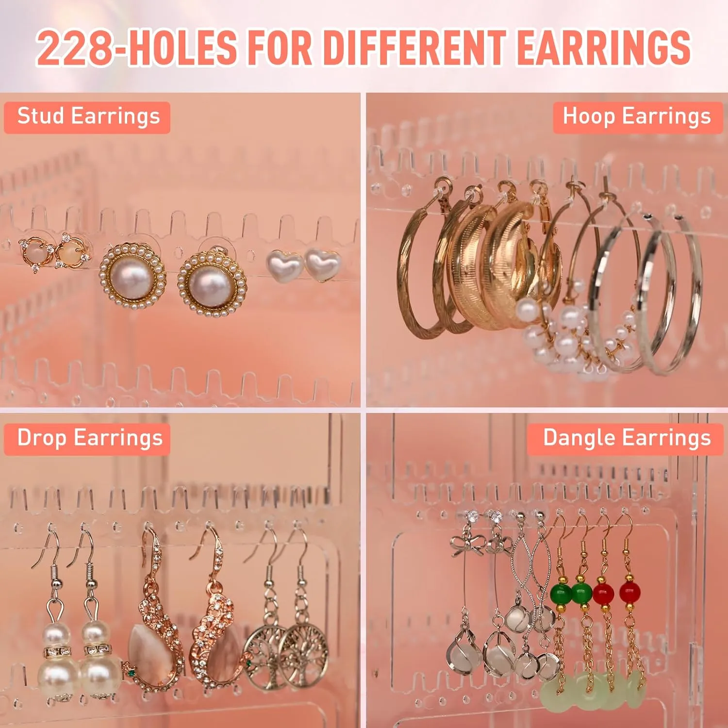 360 Rotating Earring Holder Organizer Stand,5 Tiers Acrylic Jewelry Organizers and Storage,Stud Earring Organizers and Storage,228 Holes and 232 Grooves for Earrings Necklaces chain bracelet