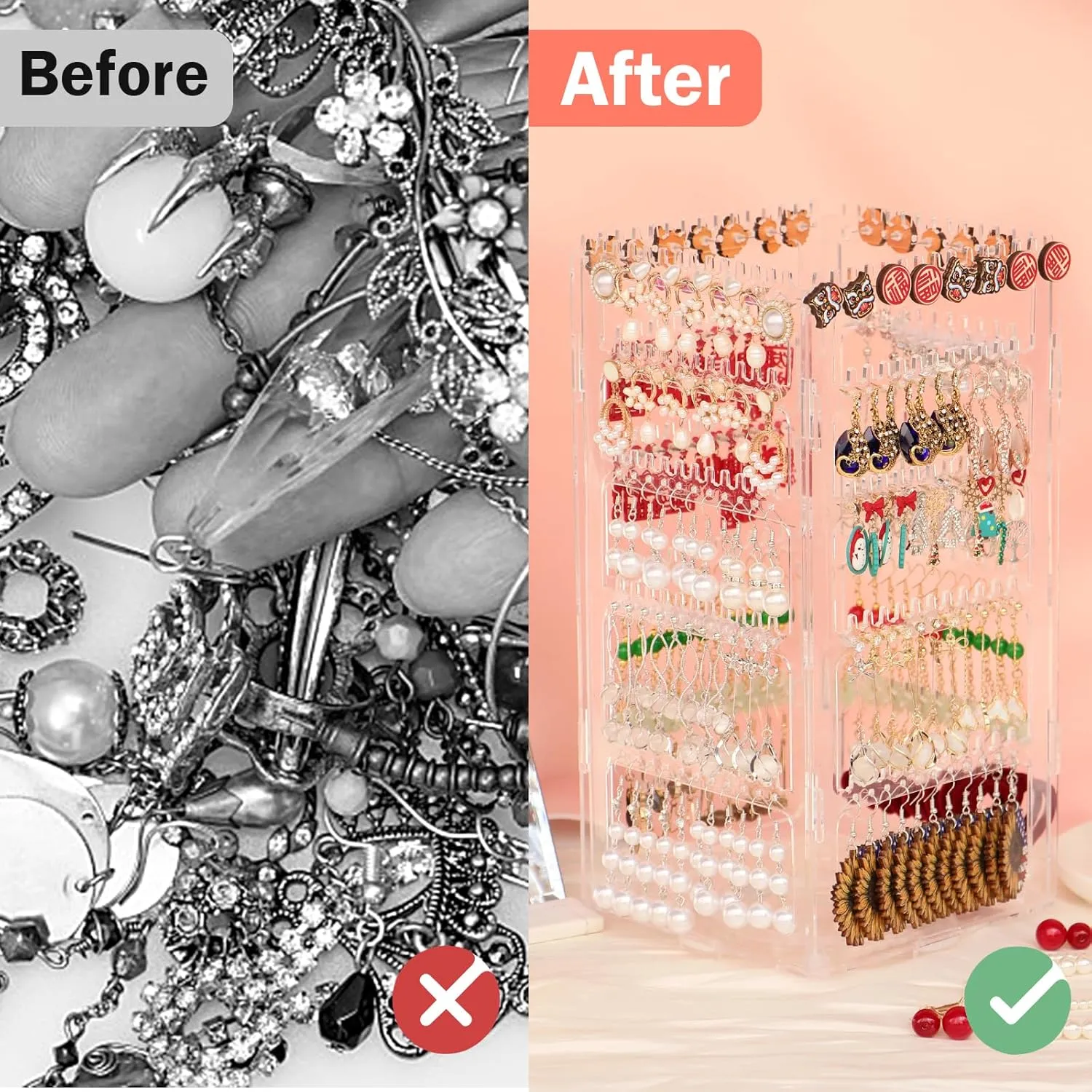 360 Rotating Earring Holder Organizer Stand,5 Tiers Acrylic Jewelry Organizers and Storage,Stud Earring Organizers and Storage,228 Holes and 232 Grooves for Earrings Necklaces chain bracelet