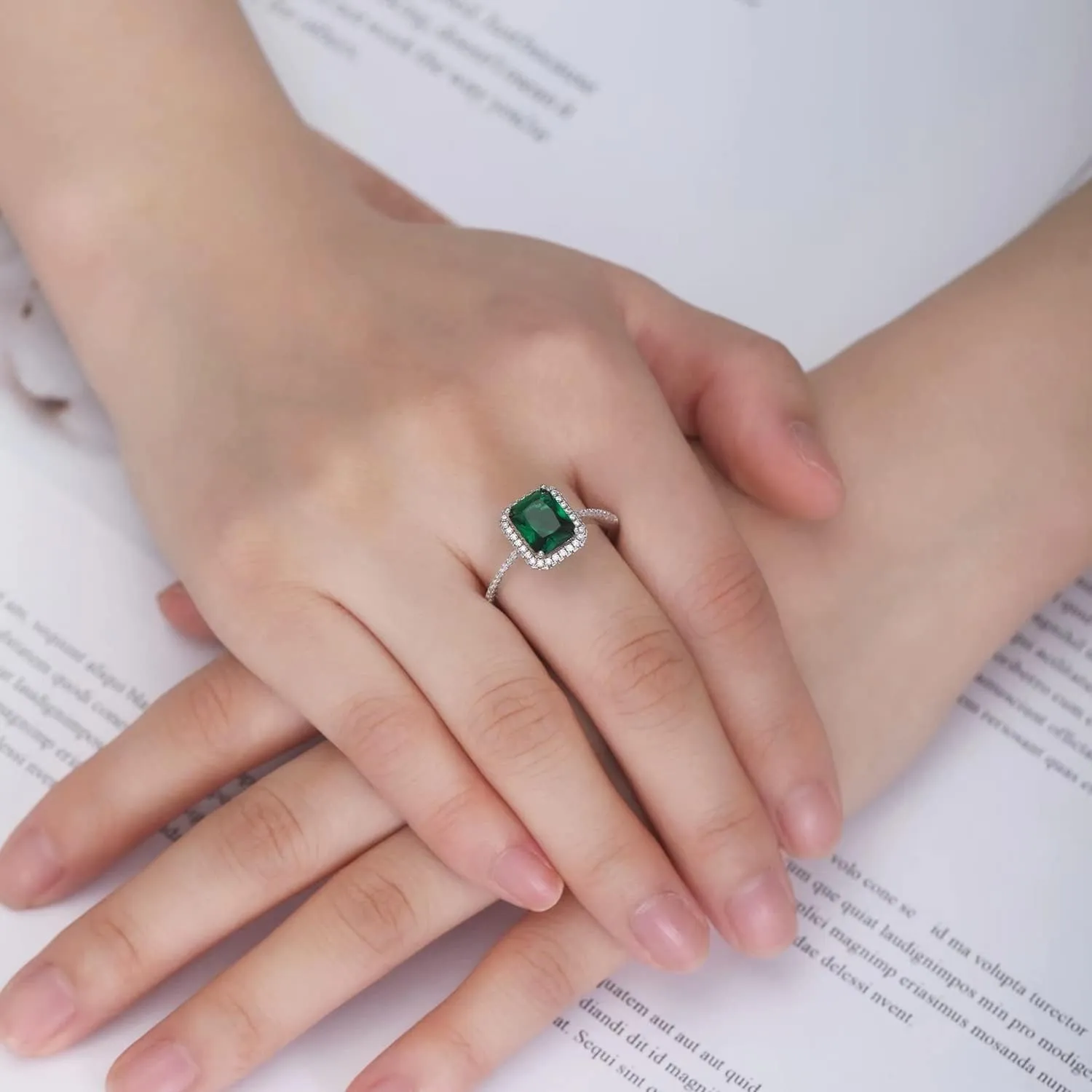 3.6ct 8x6mm Created Green Simulated Emerald Rings 925 Sterling Silver Engagement Ring for Women May Birthstone Rings Paved Cubic Zirconia Wedding Rings Size 5-10