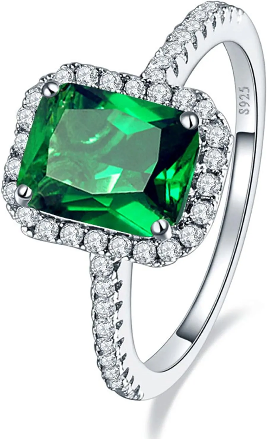 3.6ct 8x6mm Created Green Simulated Emerald Rings 925 Sterling Silver Engagement Ring for Women May Birthstone Rings Paved Cubic Zirconia Wedding Rings Size 5-10
