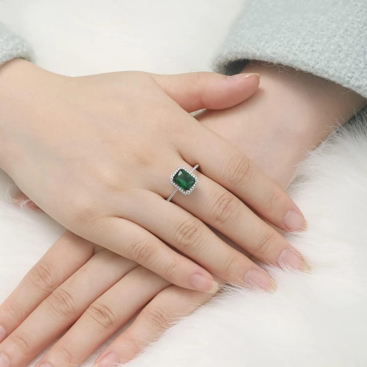 3.6ct 8x6mm Created Green Simulated Emerald Rings 925 Sterling Silver Engagement Ring for Women May Birthstone Rings Paved Cubic Zirconia Wedding Rings Size 5-10
