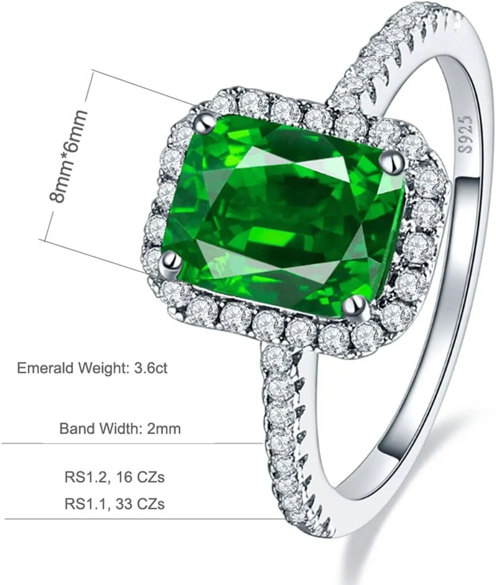 3.6ct 8x6mm Created Green Simulated Emerald Rings 925 Sterling Silver Engagement Ring for Women May Birthstone Rings Paved Cubic Zirconia Wedding Rings Size 5-10