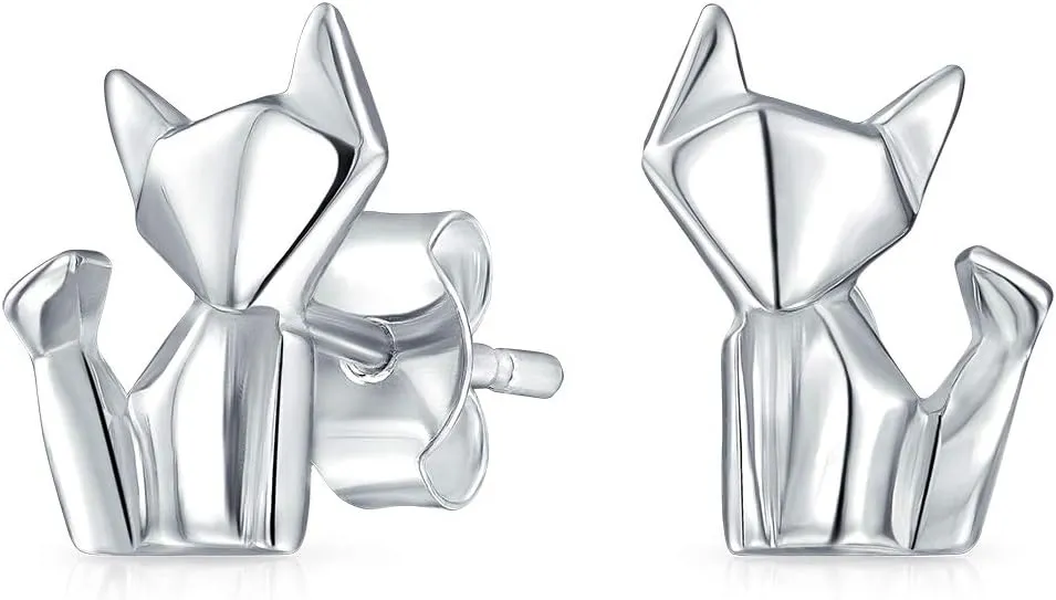 3D Geometric Origami Jewelry Small Animals Bird Swan Butterfly Kitten Cat Elephant Stud Earring For Women Teen .925 Sterling Silver
