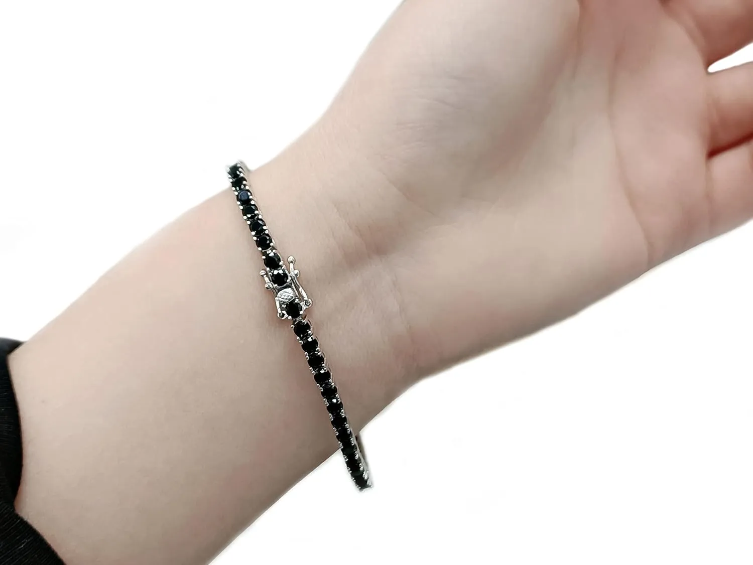 3mm Round Natural Gemstone Bracelet S925 Fine Natural Gemstone Bracelet Tennis,Black Natural Gemstone Tennise Bracelet,Jewelry Gifts for Women  