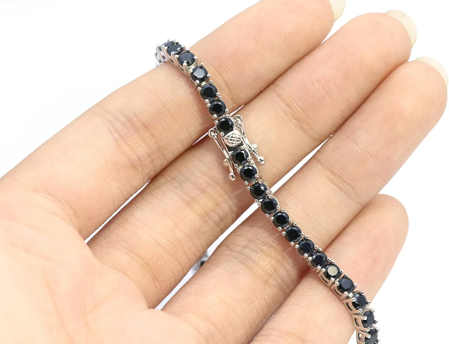 3mm Round Natural Gemstone Bracelet S925 Fine Natural Gemstone Bracelet Tennis,Black Natural Gemstone Tennise Bracelet,Jewelry Gifts for Women  