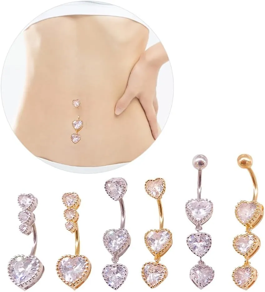 3Pcs 14G Stainless Steel Dangle Belly Button Rings Cubic Zirconia Heart Star Round Belly Navel Barbell Rings Belly Piercing Jewelry for Women