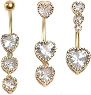 3Pcs 14G Stainless Steel Dangle Belly Button Rings Cubic Zirconia Heart Star Round Belly Navel Barbell Rings Belly Piercing Jewelry for Women